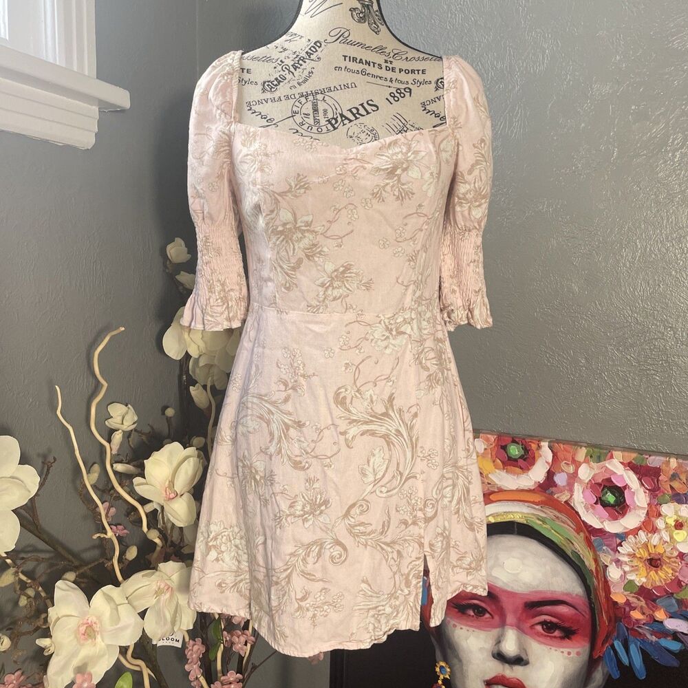 Mi Ami Pink Floral Mini Dress Sz M Puff Sleeve Sweetheart Zipper Off Shoulder